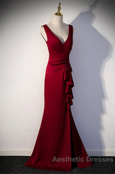 Wine Red V-Neckline Mermaid Long Party Dresses With Leg Slit, Wine Red Evening Prom Dresses